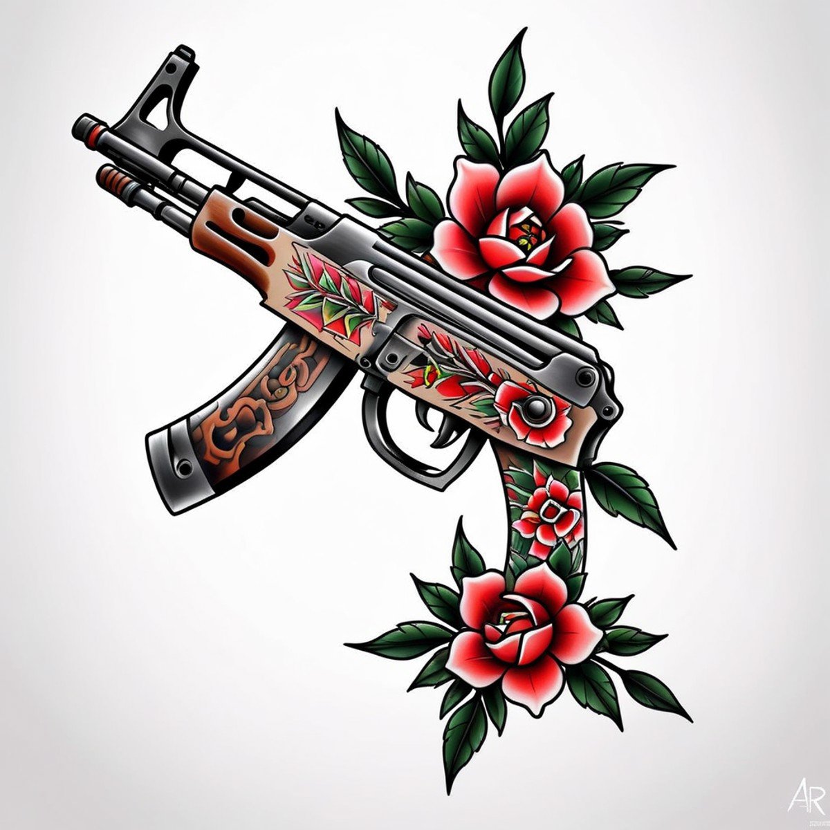 <lora:Traditional_Tattoos:0.65> ak47 in style of tr4dt4t, traditional tattoo, white background,