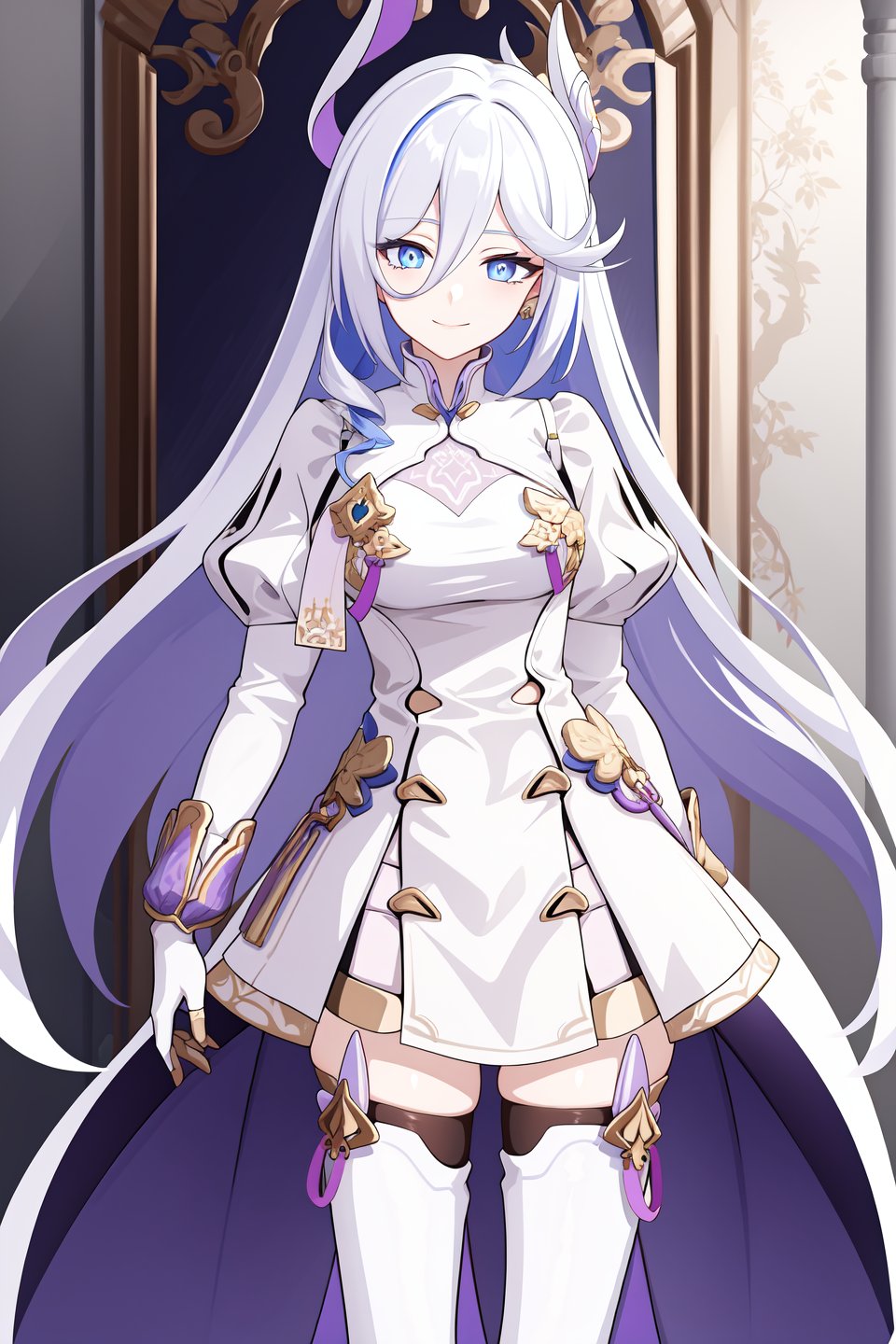 <lora:羽兔-000013:0.75:lbw=char>,yutu honkai3rd,long hair,hair between eyes,solo,looking at viewer,gloves,closed mouth,smile,breasts,blue eyes,hair ornament,very long hair,long sleeves,white thighhighs,dress,standing, 1girl,,  (masterpiece,best quality:1.2),absurdres