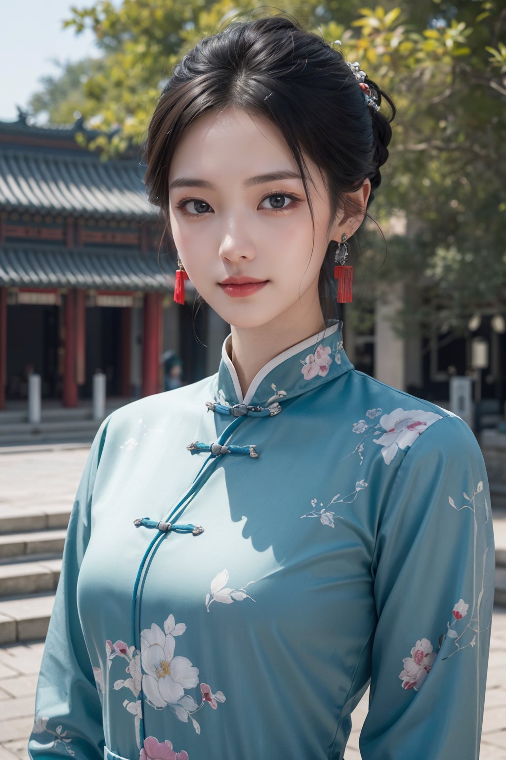 (best quality, masterpiece, 8K, ultra high res, realistic:1.3),(Beautiful and detailed face:1.2),(upper body:1.2),1girl,solo,looking at viewer,big eyes,small breasts,slim body,arms at sides,smile,(Extremely detailed chinese clothes:1.2),earrings,hairpin,necklace,architecture,east asian,riverside,forest,