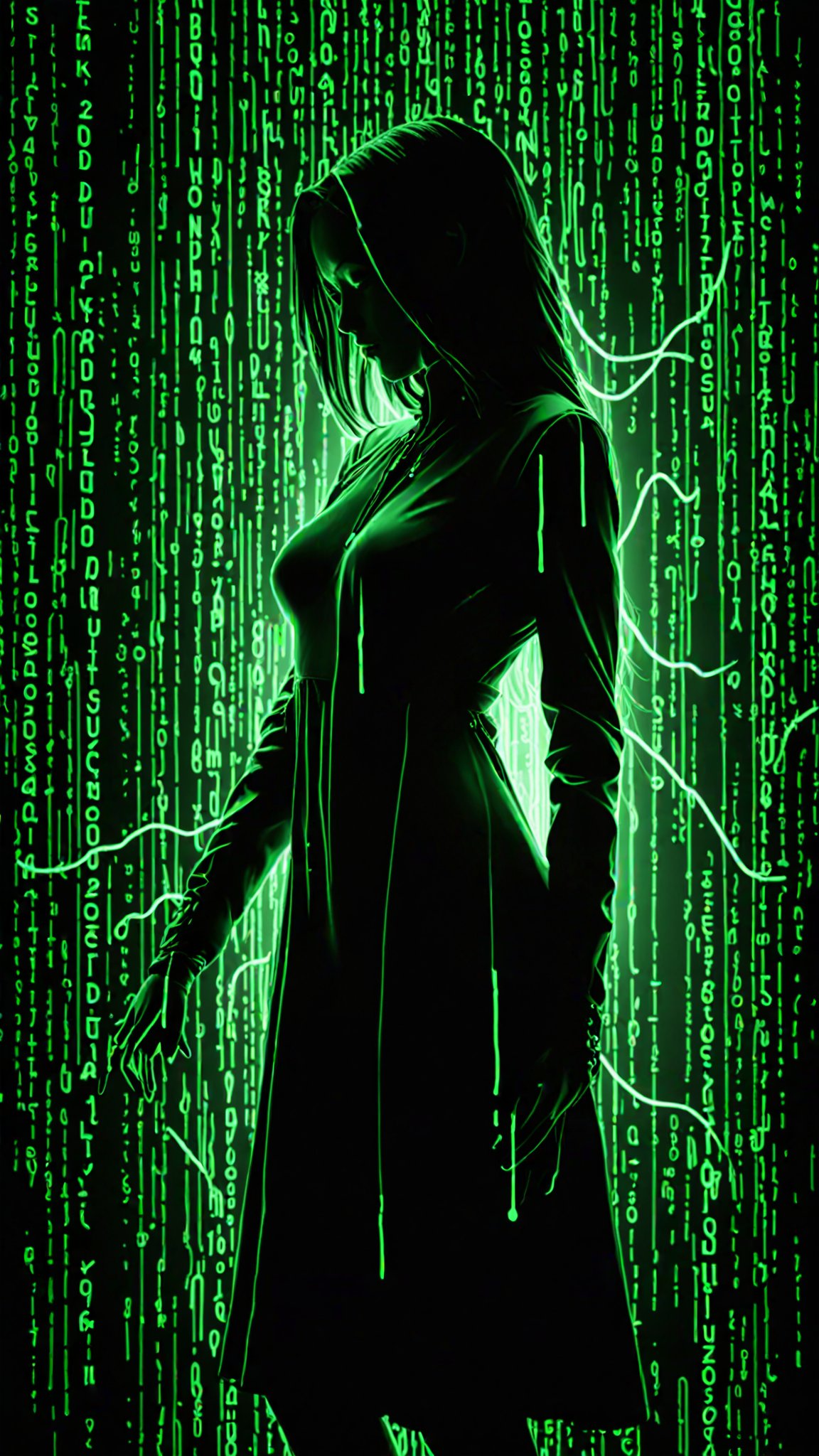 Create an image of a mysterious female figure with their face obscured by shadow, standing in front of a digital background of flowing neon Green code, similar to the 'Matrix' movie visualization. The digital code should create a dynamic contrast of light and dark, with some areas appearing almost white and others much darker. The overall mood of the image should be dark and enigmatic.