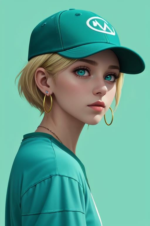 masterpiece, best quality, 1girl, aqua eyes, baseball cap, blonde hair, closed mouth, earrings, green background, hat, hoop earrings, jewelry, looking at viewer, shirt, short hair, simple background, solo, upper body, yellow shirt