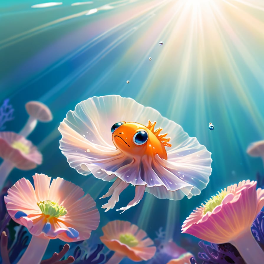 Illustration of a serene underwater scene featuring a delicate, translucent Clione gracefully swimming amidst colorful, gently swaying sea anemones, with beams of sunlight filtering down from the water's surface.