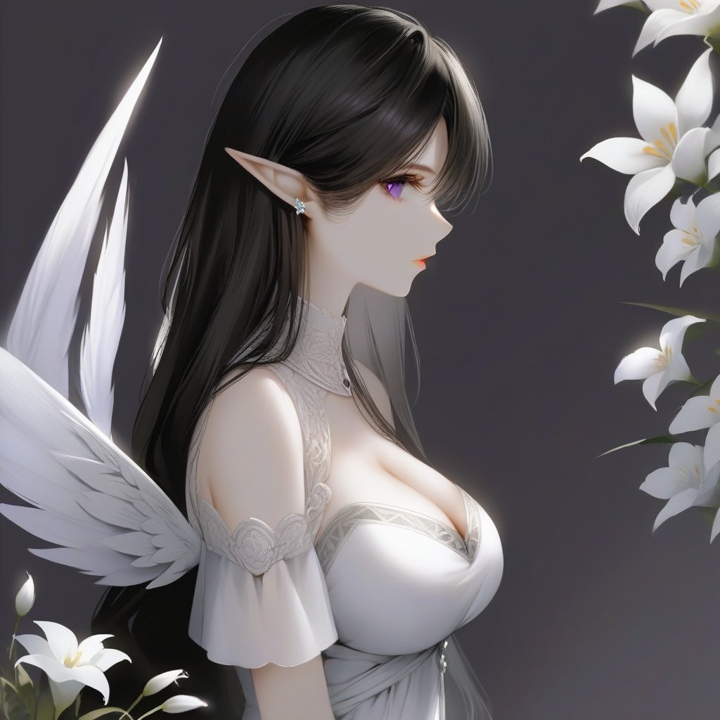 <lora:厚涂风格-000007:0.8>,1girl, solo, long hair, pointy ears, breasts, black hair, upper body, profile, dress, cleavage, bangs, purple eyes, white dress, jewelry, closed mouth, flower, elf, from side, grey background, looking at viewer, white flower, black background, medium breasts, large breasts, wings,