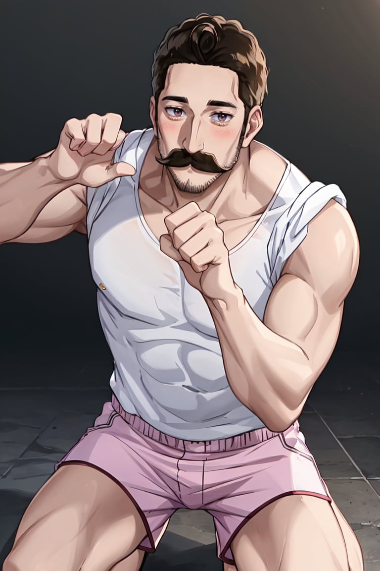 masterpiece, best quality, ultra-detailed, glistening shiny, glowing light, ray tracing, HDR, deph of field,(perfect face, detailed face) , 1boy, <lora:Alaindelon:0.7>, alaindelon, mustache, facial hair, blush, muscular, white tank top, pink shorts,paw pose, kneeling