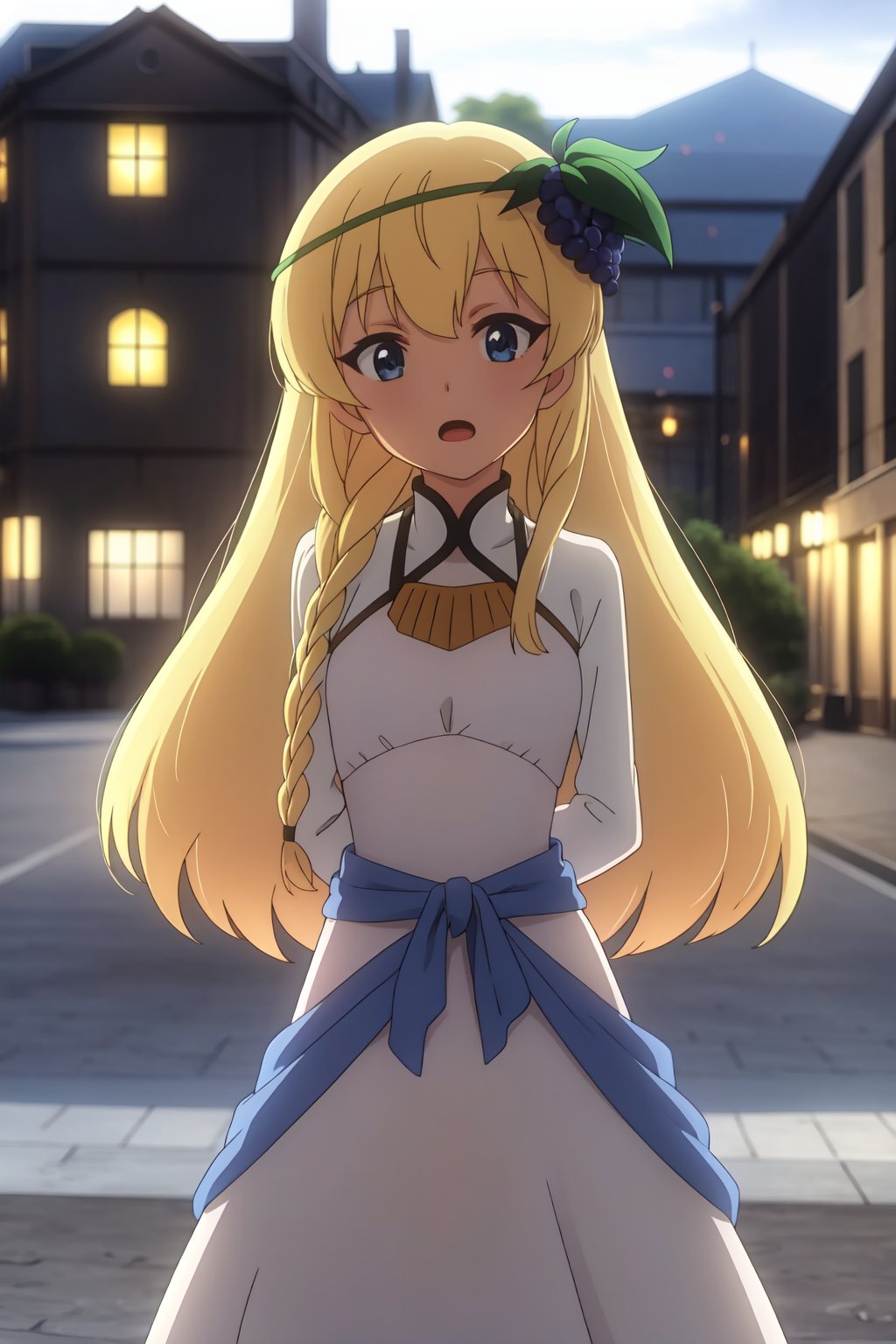 Iris, 8k, high resolution, very high resolution, high definition, masterpiece, 1girl, solo, long hair, looking at viewer, open mouth, blue eyes, blonde hair, hair ornament, long sleeves, dress, standing, braid, outdoors, white dress, blurry, single braid, night, arms behind back, side braid, backlighting, carpaccio (girls und panzer)<lora:EMS-415403-EMS:0.800000>