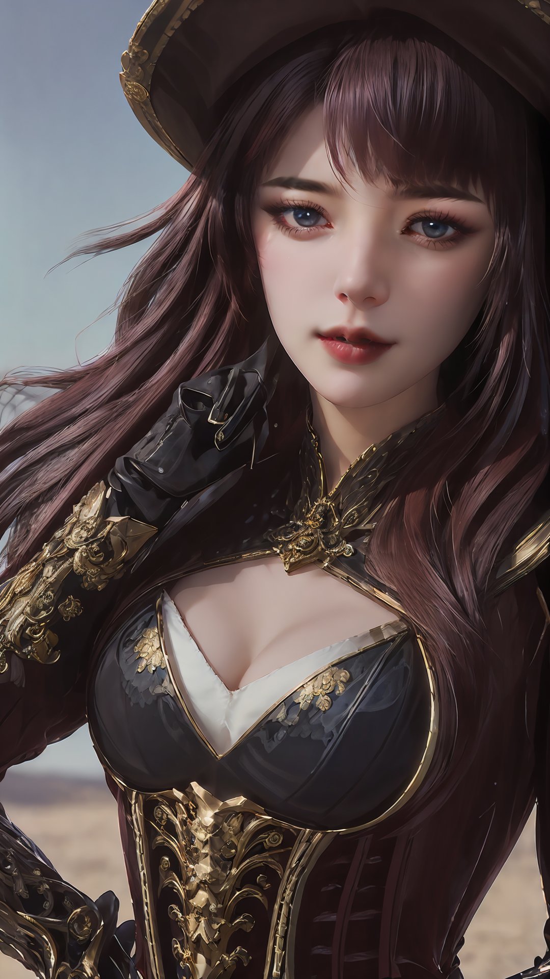 mhc,1girl,solo,mhc dress,long hair,black gloves,looking at viewer,wear gloves on left hand,gold handguard,golden sshoulder armor,magenta hair,pirate_hat,(portrait:1.5),blue_sky,baiyun,tanono,mount,rose field,