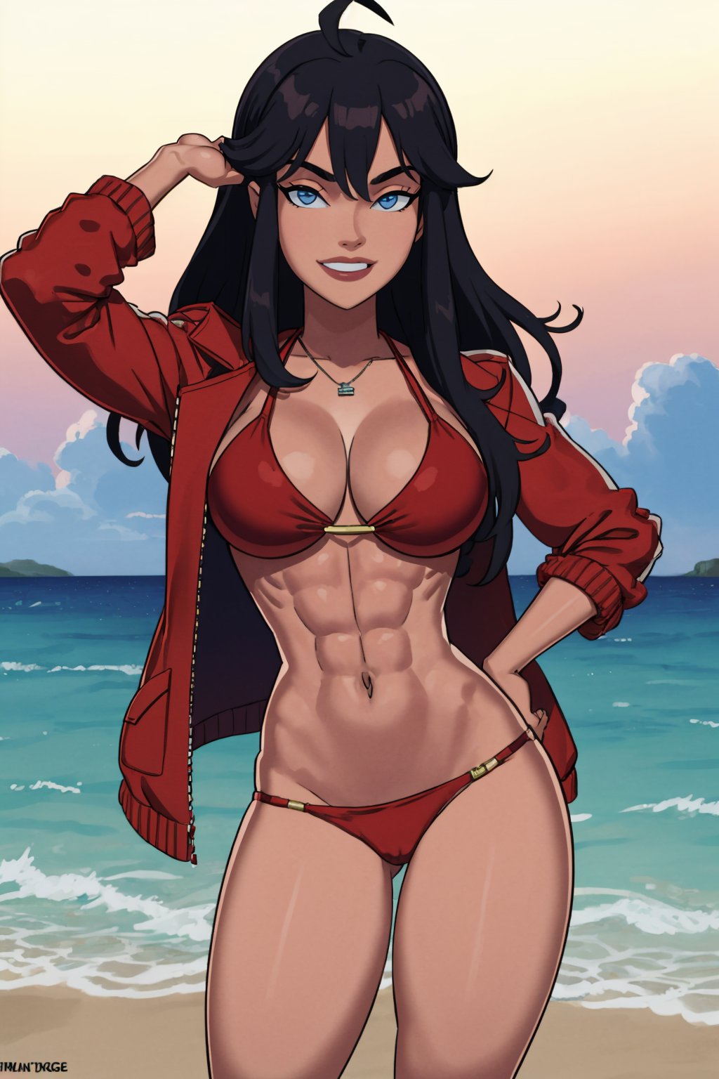 (masterpiece, best quality:1.2),   <lora:somethingunlimited:1>, somethingunlimited, 1girl, abs, solo, swimsuit, breasts, bikini, muscular female, dark skin, muscular, whistle, dark-skinned female, large breasts, long hair, jacket, smile, ocean, water, beach, ahoge, blue eyes, red bikini, cleavage, dog tags, red jacket, looking at viewer