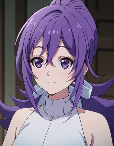 score_9, score_8_up, score_7_up, score_6_up, score_5_up, score_4_up, source_anime, , Helen, long hair, hair between eyes, purple eyes, ponytail, purple hair, sidelocks,  soft smile, portrait