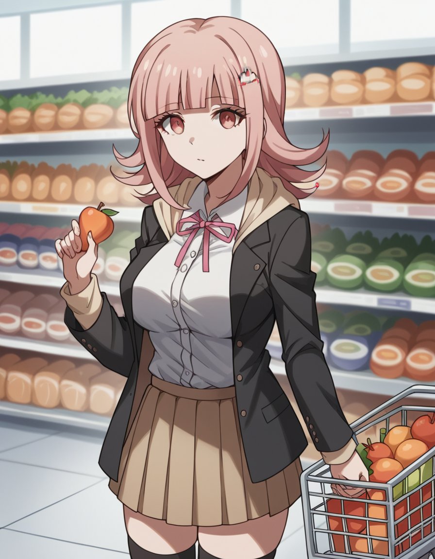 score_9, score_8_up, score_7_up, source_anime, <lora:chiaki-nanami-s2-ponyxl-lora-nochekaiser:1>, chiaki nanami, blunt bangs, pink hair, hair ornament, medium hair, pink eyes, large breasts,, black shirt, black jacket, jacket, long sleeves, neck ribbon, open clothes, open jacket, over-kneehighs, pink ribbon, pleated skirt, ribbon, shirt, skirt, thighhighs, two-tone shirt, white shirt,, grocery store, shopping cart, picking fruits, everyday life, , , looking at viewer, hand holding a pencil, solo,, cowboy shot, dutch angle