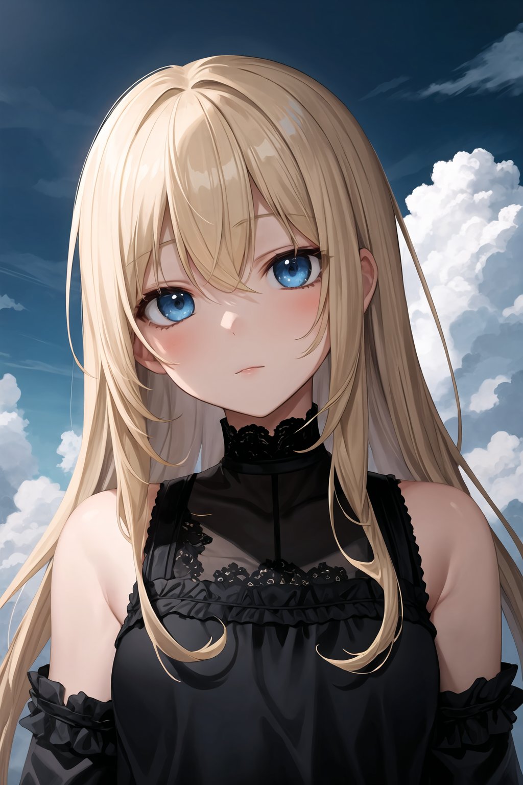 masterpiece, best quality,1girl,blonde hair,blue eyes,dark,clouds,