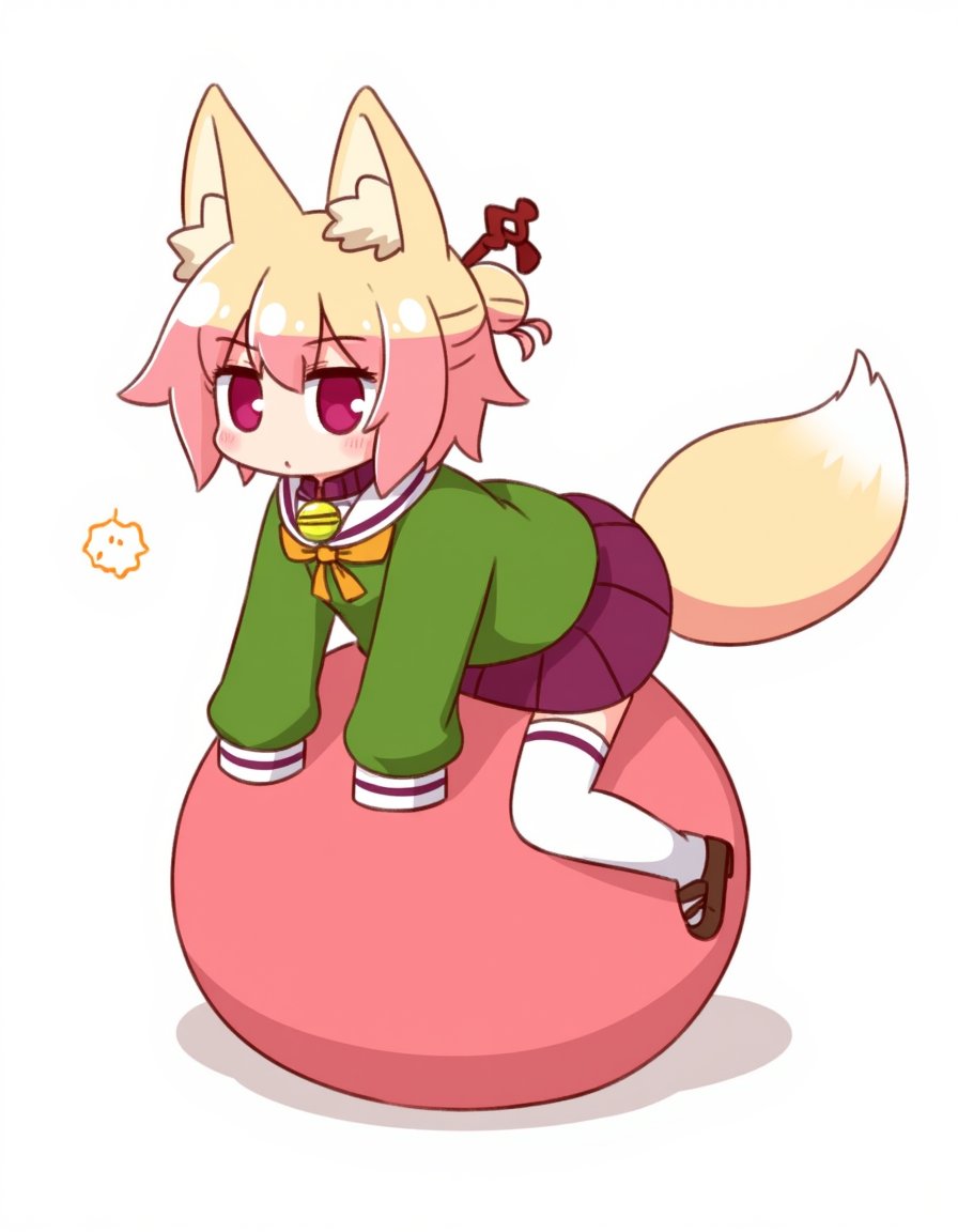 <lora:flux-test-loraqkv:1.2>,artist_kemomimi-chan_\(naga_u\),1girl, animal_ear_fluff, animal_ears, bell, blonde_hair, blush, brown_collar, brown_footwear, closed_mouth, collar, commentary_request, fox_ears, fox_girl, fox_tail, full_body, green_shirt, hair_between_eyes, hair_bun, hair_ornament, jingle_bell, kemomimi-chan_\(naga_u\), long_sleeves, lying, naga_u, neck_bell, on_back, original, pleated_skirt, purple_skirt, red_eyes, ribbon-trimmed_legwear, ribbon_trim, sailor_collar, sandals, shadow, shirt, single_hair_bun, skirt, sleeves_past_fingers, sleeves_past_wrists, solo, tail, thighhighs, white_background, white_sailor_collar, white_thighhighs, zouri,The image is a digital illustration of a cartoon character with pink hair and big ears. The character is sitting on a large pink ball with its legs stretched out in front of it. It is wearing a green jacket, white pants, and purple shoes. The jacket has a collar and a bow on the left side. The pants have white stripes on the sides and the shoes have a purple stripe on the bottom. The girl has a big smile on her face and is looking off to the side. She has a small bow on her head and is holding a pair of scissors in her right hand. The background is white.