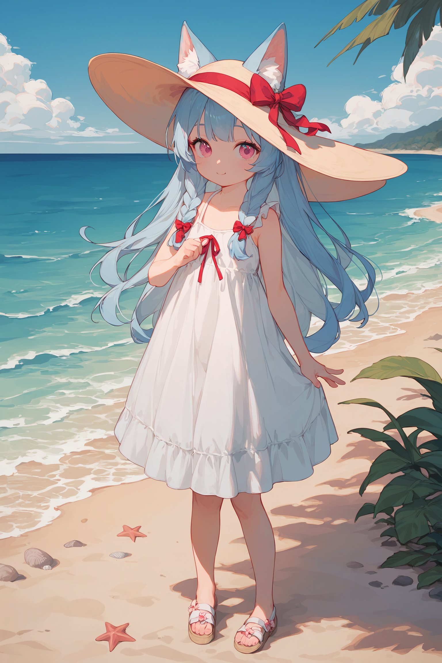 score_9,score_8_up,1girl,cute,loli,full body,fox ears,sundress,light blue hair,long hair,pink eyes,red ribbon,beach,sea,ray,looking at viewer,masterpiece,best quality,absurdres,fingers,