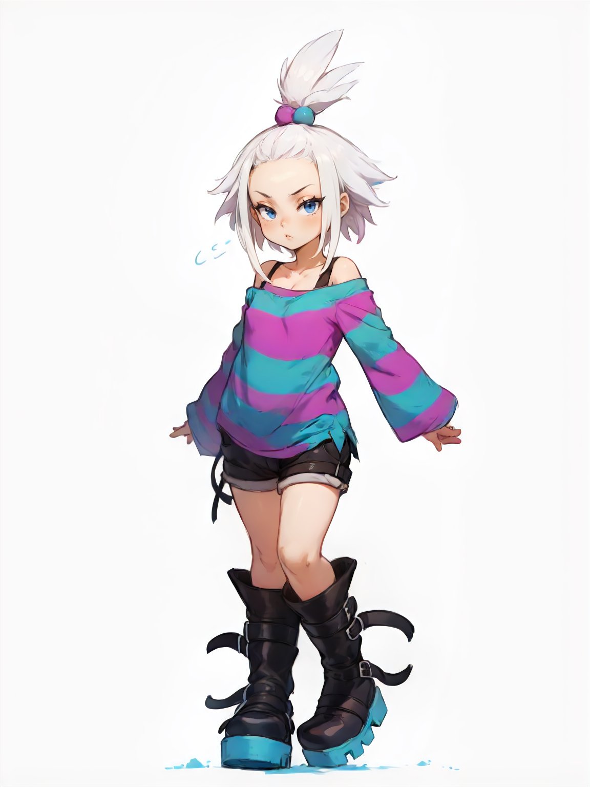 <lora:PKMN_Roxie-DEF:0.8> roxie, top knot, white background, striped shirt, boots, full body