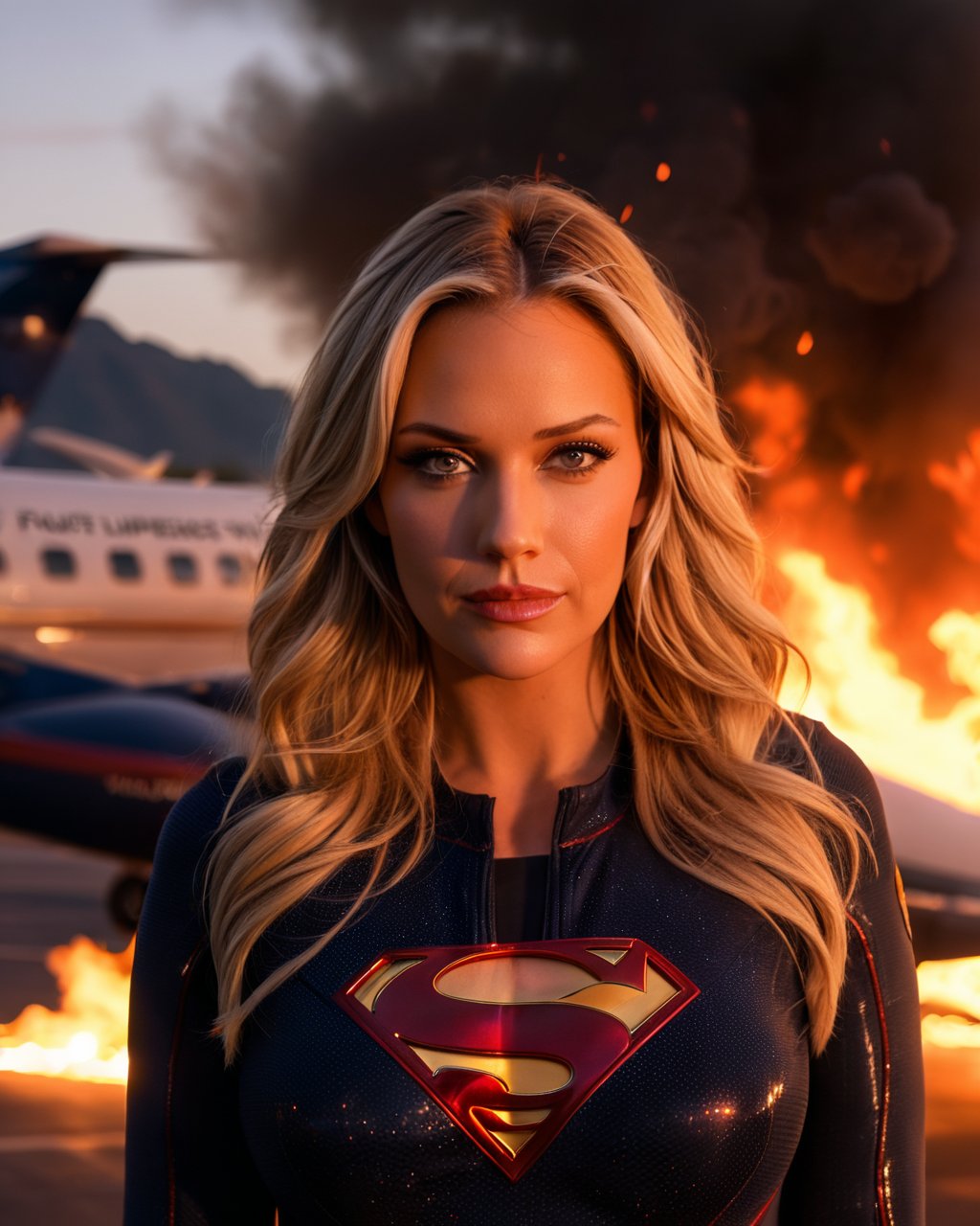 paige_spiranac, portrait, close up, supergirl suit, bodysuit, superhero,volumetric light, particles, universe, realistic, looking at viewer,bright pupils, standing on an airport runway. burning plane in background, surrounded by flames,  soft cinematic light, sharp focus, ((((cinematic look)))), low contrast, soft cinematic light, dim colors, exposure blend, hdr, faded, <lora:PaigeSpiranacXL:1>