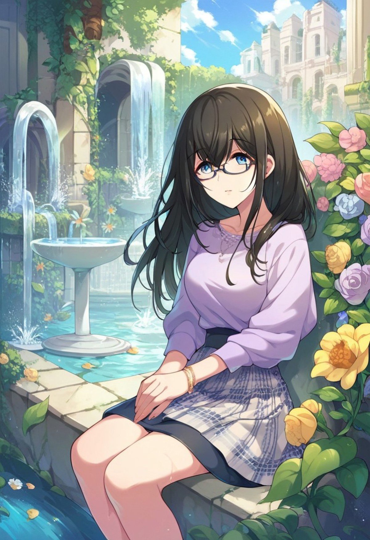 score_9, score_8_up, score_7_up, score_6_up, score_5_up, score_4_up,sagisawa fumika, black hair, blue eyes,1girl, flower, skirt, fountain, long hair, outdoors, sitting, glasses, purple shirt, jewelry, sky