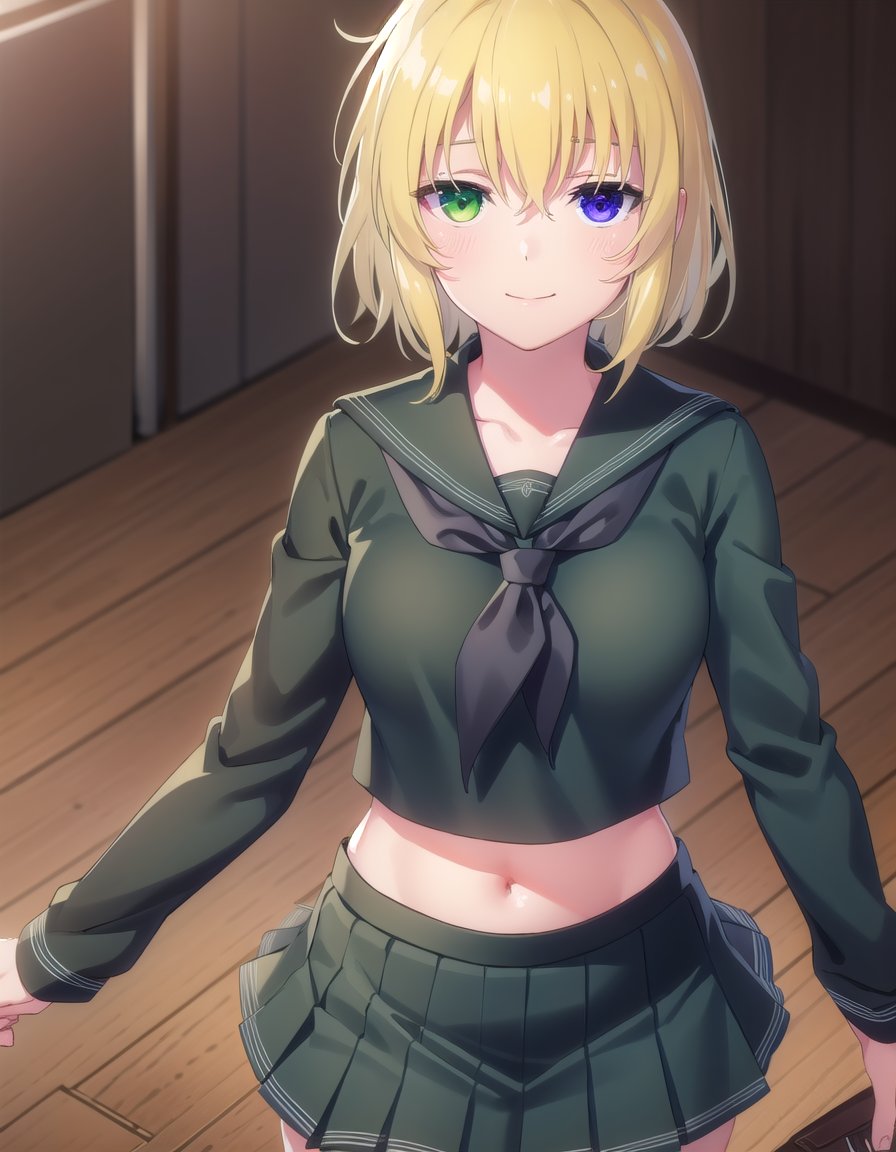 skryona, <lora:sk ryona s1-lora-nochekaiser:1>,ryona, blue eyes, blonde hair, (green eyes:1.3), medium hair, (heterochromia:1.5),BREAK skirt, shirt, long sleeves, navel, school uniform, pantyhose, pleated skirt, necktie, serafuku, midriff, black skirt, sailor collar, black shirt, black sailor collar, (black serafuku:1.2),BREAK indoors, classroom,BREAK looking at viewer, (cowboy shot:1.5), smile,BREAK <lyco:GoodHands-beta2:1>, (masterpiece:1.2), best quality, high resolution, unity 8k wallpaper, (illustration:0.8), (beautiful detailed eyes:1.6), extremely detailed face, perfect lighting, extremely detailed CG, (perfect hands, perfect anatomy),