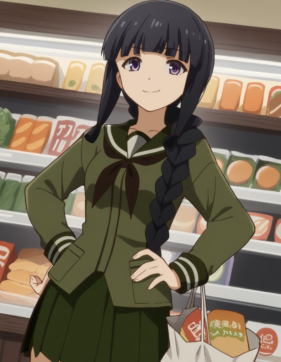 score_9, score_8_up, score_7_up, source_anime, <lora:kancolle-kitakami-s1-ponyxl-lora-nochekaiser:1>, kitakami, long hair, bangs, black hair, purple eyes, braid, blunt bangs, single braid, hair over shoulder, kitakami (kancolle), skirt, school uniform, serafuku, green skirt, pleated skirt, green shirt, green sailor collar, grocery store, cashier, shopping bag, scanning items, small talk, everyday routine, , looking at viewer, smug, hand on hips,, solo,, cowboy shot, dutch angle