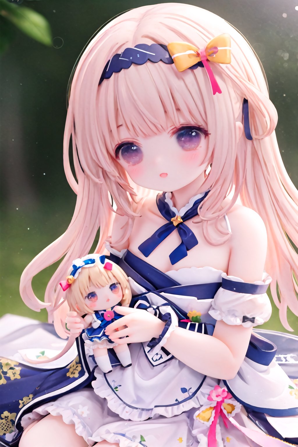 best quality, macro photography, anime, bokeh, detailed and intricate, 1girl, super cute doll, naru clothes, headband, bow, (Yokozuwari:1.2), silica gel skin, bare shoulders, beautiful lighting, dramatic_shadow, ray_tracing, nature lighting, sidelighting