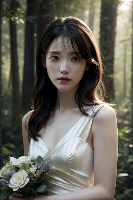 (realistic), (hyperrealism),best quality, masterpiece,ultra high res, (photorealistic:1.4),1girl,pale skin,skinny,(looking at viewer), <lora:add_detail:0.6>,forest, sun ray, flowers,<lora:makina69_iu_v2.0:0.9>   , tattered wedding dress ,  cowboy shot