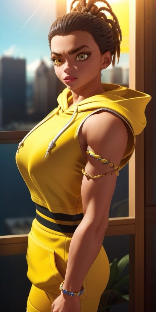 Hyperrealistic, photorealistic, super detailed, (((yellow hoodie))), yellow pants, orangeish black hair, hair is in dreadlocks in a high ponytail style, vivid amber eyes, left eyebrow has what appears to be a slit going through it, beauty mark underneath her right eye, body like in real life, large pores, muscular, brown-skinned, beautiful arms, fingernails are painted with black nail polish, medium breasts, unreal engine, octane render, droped shadow, bokeh, cinematic lighting, <lora:add_detail:0.5>, <lora:Volumetric_lighting:0.6>, , <lora:cc882da8-fed4-404f-a239-f3a7e96e7b73:0.7>