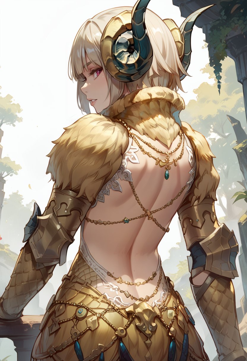 (score_9:0.9),score_8_up,score_7_up,rating_safe,anime style,(zPDXL),<lora:Kulve Taroth Alpha Armor ponyXL v1.3:0.72>,kulve taroth alpha armor,1girl,solo,short hair,gold horn,parted lips,scales,from behind,looking back, back