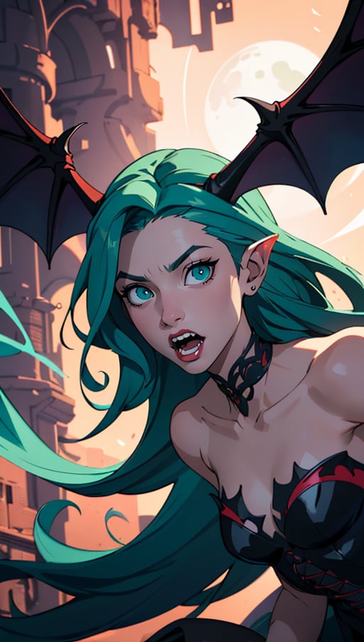 (best quality, masterpiece, colorful, dynamic angle, highest detailed)upper body photo, fashion photography of cute succubus girl, gothic, large demon red wings (high resolution textures), long green hair, (abstract art), half demon, crimson cat iris, cat eyes, vampire very long fangs, (intricate details, hyperdetailed:1.15), detailed, moonlight passing through hair, (official art, extreme detailed, highest detailed), HDR+