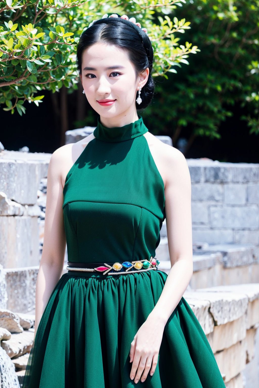 masterpiece,best quality,1girl,aqua eyes,real skin,black hair,closed mouth,earrings,multicolored background,outdoors,black dress,solo,upper body,((perfect female figure)) narrow waist,clean,beautiful face,pure face,distant backdrop,slender,silm,smile,face_focus,<lora:liuyifei1:1>,