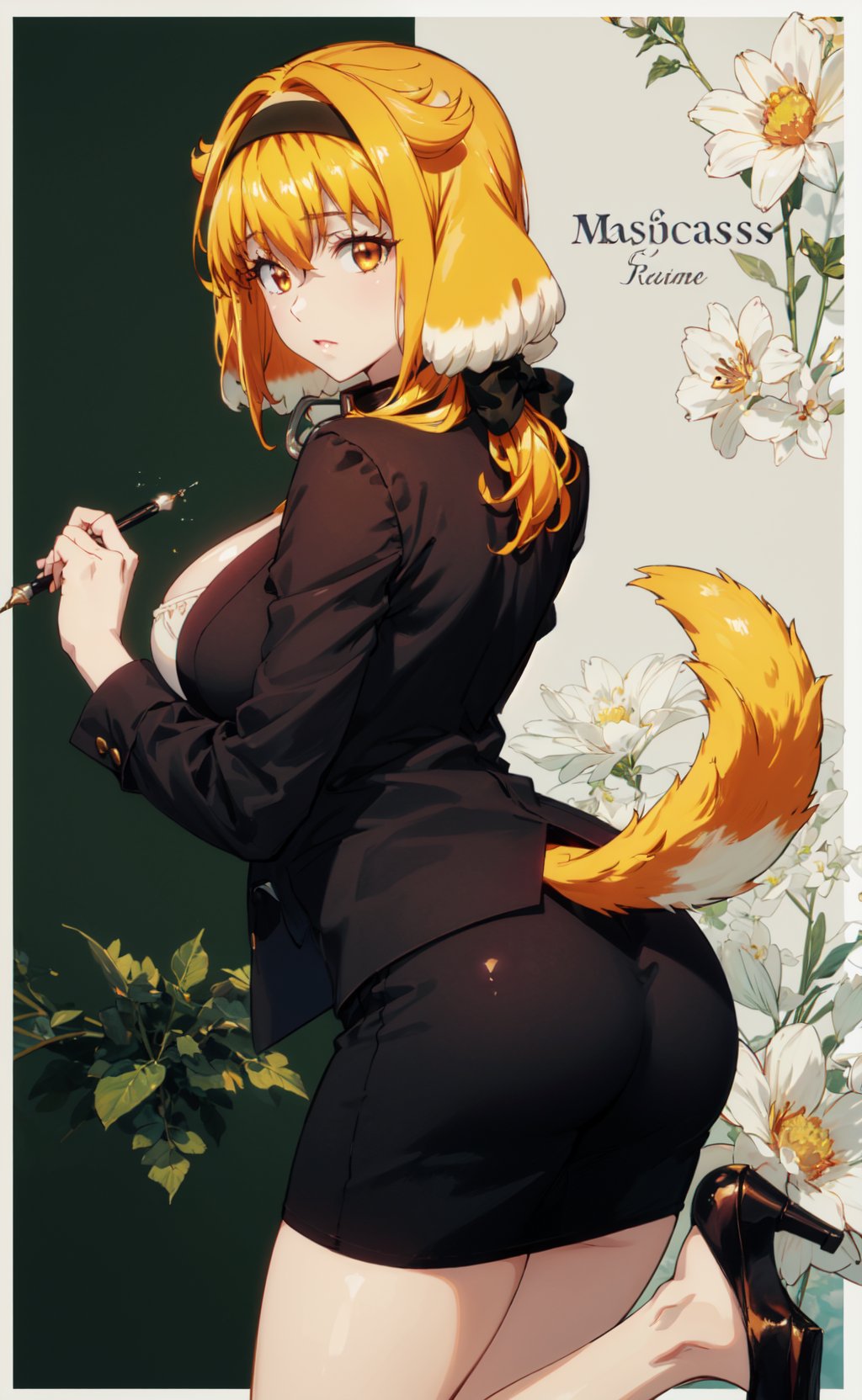 <lora:Roxane-000010:0.8>,Roxane CYQL,1girl,solo,looking at viewer,dog girl,blonde hair,orange hair,short hair,hairband,black hairband,hair between eyes,dog ears,animal ears,floppy ears,brown eyes,collar,black collar,large breasts,tail,dog tail,(seductive_smile:1.2),beautiful face,beautiful eyes,glossy skin,shiny skin,((Classic_black_blazer:1.4),(Pencil_skirt:1.3),(Pointed-toe_pumps:1.2),(Business_meeting_background:1.4):1.3),(cowboy_shot,from_back,seiza:1.2),adjusting hair,Bamboo, Forest, Mist, Morning, Silence, Green, Tranquility, Pathway,Daisies,beautiful detailed sky,beautiful detailed glow,(English text:1.3),(border:1.5),posing in front of a colorful and dynamic background,(masterpiece, best quality, beautiful and aesthetic:1.3),contrapposto,female focus,fine fabric emphasis,wallpaper,fashion,Lipstick,depth of field,intricate_detail,finely_detailed,fine_fabric_emphasis,(glossy),<lora:增强减少细节add_detail:0.4>,