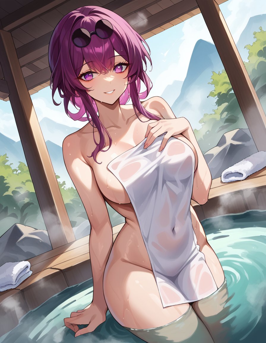 score_9, score_8_up, score_7_up, source_anime,honkaikafka, <lora:honkai-kafka-ponyxl-lora-nochekaiser:1>,kafka, eyewear on head, round eyewear, purple eyes, purple hair, long hair, smile,nude, naked, outdoors, onsen, towel, naked towel, steam, bathing, nude cover, partially submerged, water, bath, steam censor, wet towel,looking at viewer, dutch angle, cowboy shot,