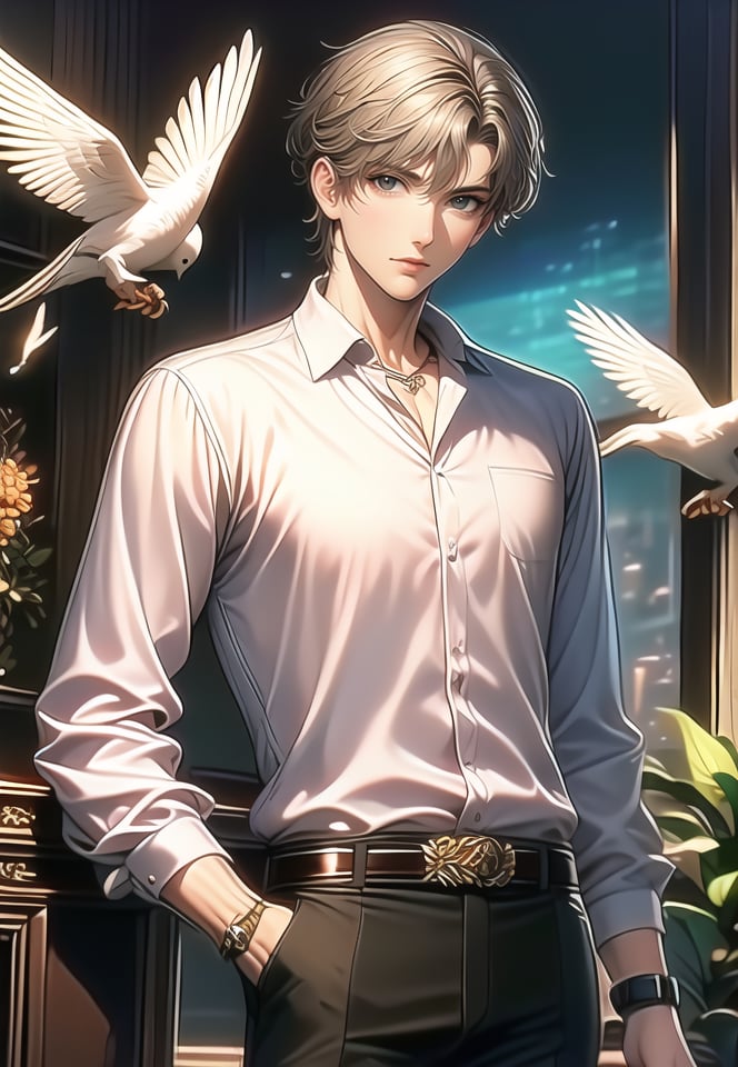 (best quality), ((masterpiece)), (highres), illustration, original, extremely detailed,1boy, male focus, shirt, belt, solo, white shirt, watch, bird, pants, jewelry, short hair, necklace, looking at viewer, black belt, blonde hair, long sleeves, plant, dove, collared shirt, hand in pocket, indoors, black pants, standing, wristwatch, feathers, cowboy shot