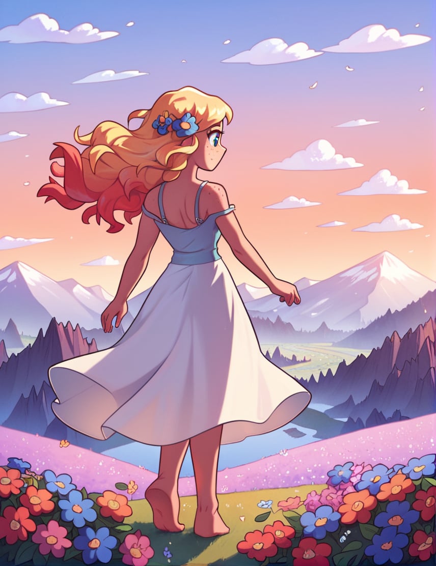 score_9, score_8_up, score_7_up, 1girl, blond, flowers in hair, freckles, wavy hair, sundress, barefoot, strap slip, meadow, mountains, flowers, wind