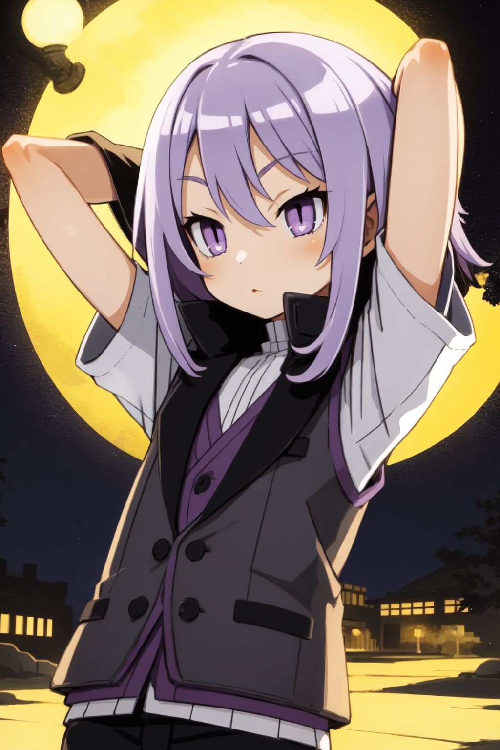 solo, 1boy, arms behind head, light purple hair, low-fade, dark purple eyes, dark grey vest, night, outdoors <lora:harada_takehito_Disgaea_style_v01:1>