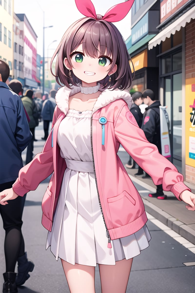 <lora:talkmouth_I_type1_v200:1>insanely detailed, absurdres, ultra-highres, ultra-detailed, best quality,1girl, solo, nice hands, perfect handsBREAK(pink and white theme:1.4), (Wearing a (long sleeve pink coat with fur color) over a white high neck blouse:1.4), (fur cuffs:1.3), (double pillar button:1.3), (pocketless:1.4), (plain ivory-white pantyhose:1.4), (pink heeled boots with lace-up:1.2)    BREAK    (wine-red pleated skirt:1.3)    BREAK    (naked skin:-1), (See-through:-1), (pocket:-1), (black pantyhose:-1), (wine:-1), (red coat:-1), (white coat:-1), (red tops:-1), (white skirt:-1), (pink skirt:-1), (black skirt:-1), (text on clothes:-1), ((mark, logo, pattern) on pantyhose:-1), (tone pantyhose:-1), (bare shoulders:-1)BREAK(nsfw:-1.5)BREAKsmile, open mouthBREAK,standing, cowboy shot, looking at viewerBREAKslender, kawaii, perfect symmetrical face, ultra cute girl, ultra cute face, ultra detailed eyes, ultra detailed hair, ultra cute, ultra beautifulBREAKin street, cityscape in harajuku, depth of field, ultra detailed backgroundBREAKlarge breastsBREAKorange hair, green eyes, spiked hair, 