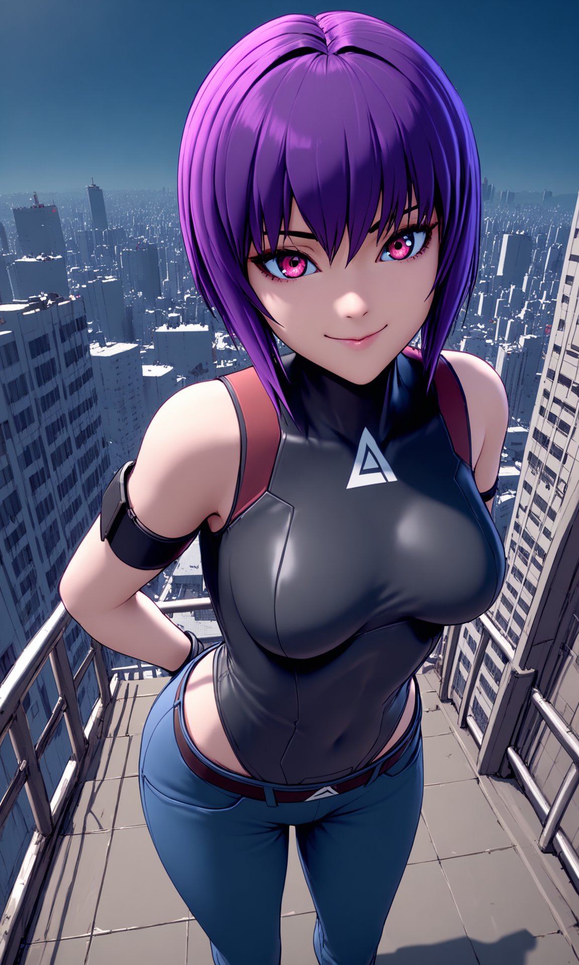 (masterpiece:1.2), (best quality:1.2), newest, (intricate details, very aesthetic, highres), good hands, 1girl, <lora:sd_xl_dpo_lora_v1-128dim:1>, <lora:motoko_2045:1> motoko2045xl, purple hair, short hair, lips, cyborg, pink eyes, medium breasts, fingerless gloves, black gloves, black leotard, highleg leotard, hip vent, blue pants, arm strap, bare shoulders, belt, kusanagi motoko, standing, cowboy shot, looking at viewer, smile, arms arms behind back, leaning forward, city, building, fisheye view, tokyo \(city\), cyberpunk, science fiction, street