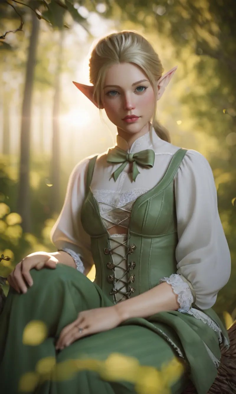 score_9, score_8_up, score_7_up, BREAK, 1girl, looking at viewer, medieval elf hunter sitting in a tree branch with a bow, :o, temperate broadleaf and mixed forest, lens dirt, lens flare, (depth of field:1.2), shart focus, realistic, slacestyle, <lora:sLaceStyle_v1:0.8>