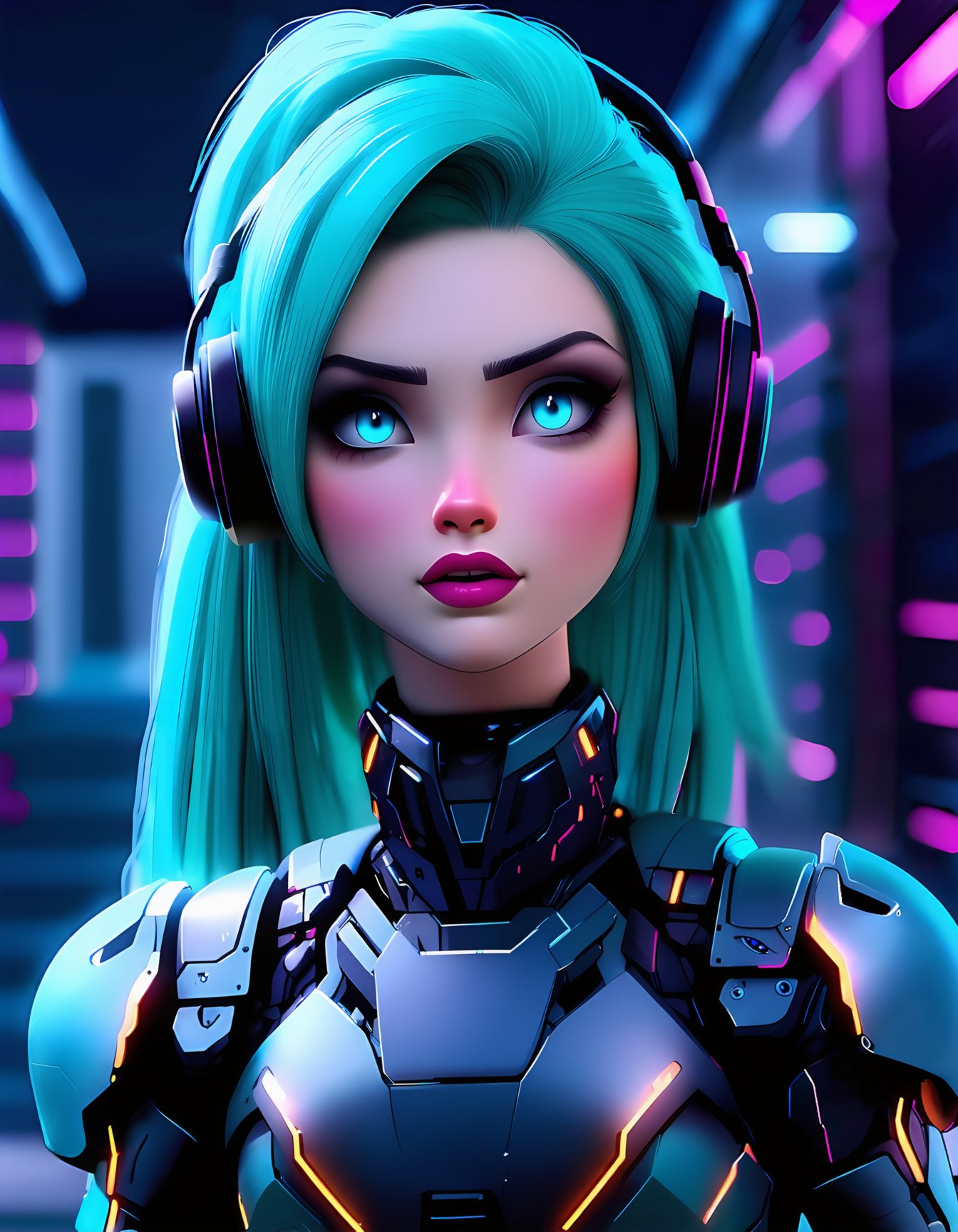 1girl, long hair,looking at viewer,blue eyes,upper body,ponytail,parted lips,green hair,armor,lips,aqua hair,makeup,depth of field,blurry background,headphones,science fiction,cyborg,neon trim,cyberpunk