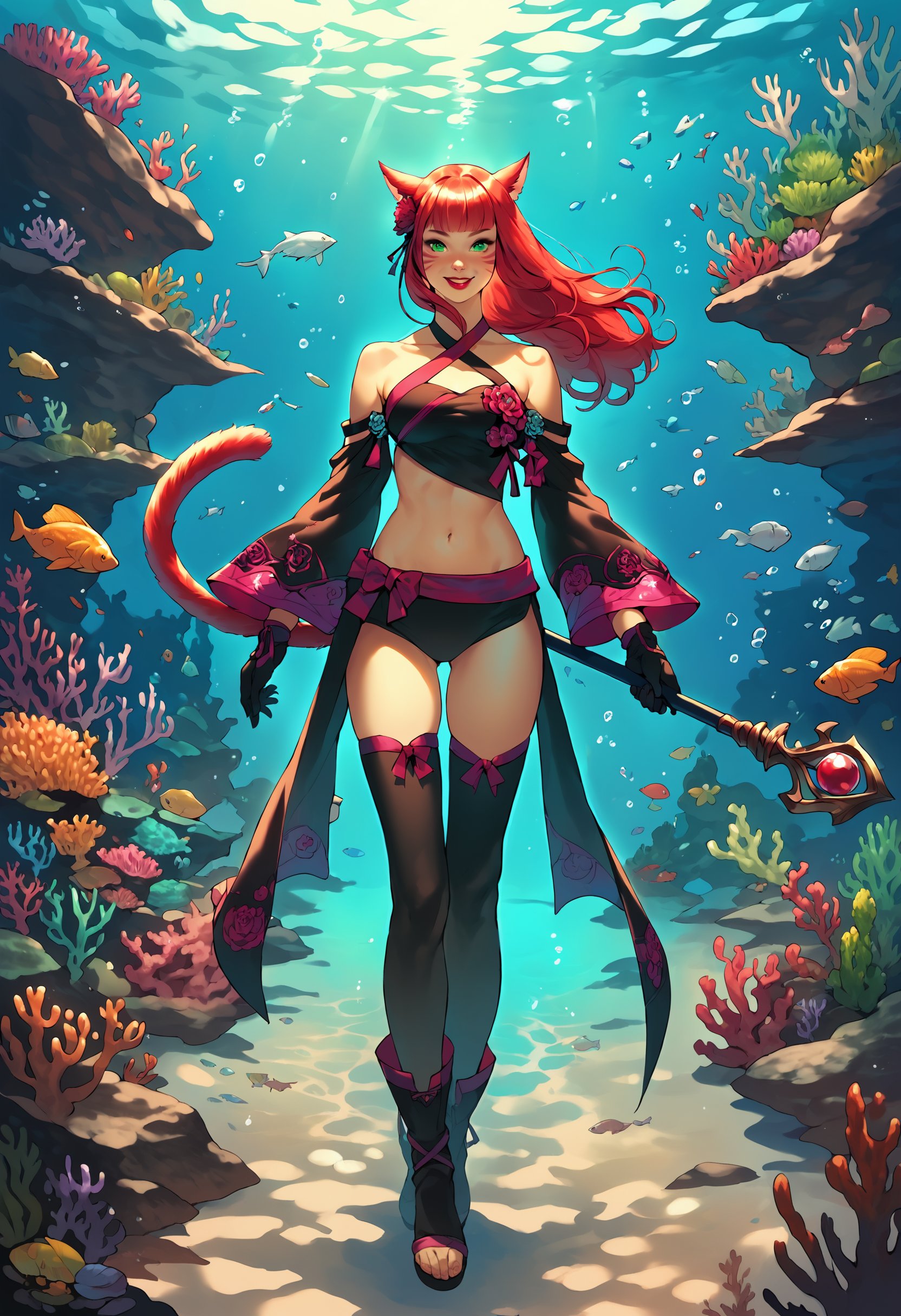 zPDXL,score_9, score_8_up, score_7_up, 1girl, realistic, monastery, underwater, coral reef, full body, miqo'te,red hair, green eyes, hime cut, blunt bangs, long hair, <lora:Shisui_Caster_FFXIV:.75> shisuicaster, detached sleeves, criss-cross halter, boots, bandeau, black thighhighs, gloves, hair flower , navel,  bare shoulders, midriff,  red lipstick, looking at viewer, smile, holding staff