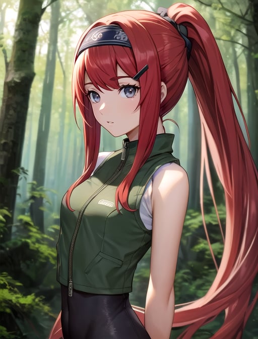 best quality, masterpiece, highres, detailed, digital artwork, <lora:Tools - add_detail:0.2>, KushinaUzu, long hair, red hair, swept bangs, hair clip, [grey eyes: purple eyes: 0.75], black bodysuit, green vest, ponytail, headband, <lora:Character - KushinaUzu:0.8>, forest, 