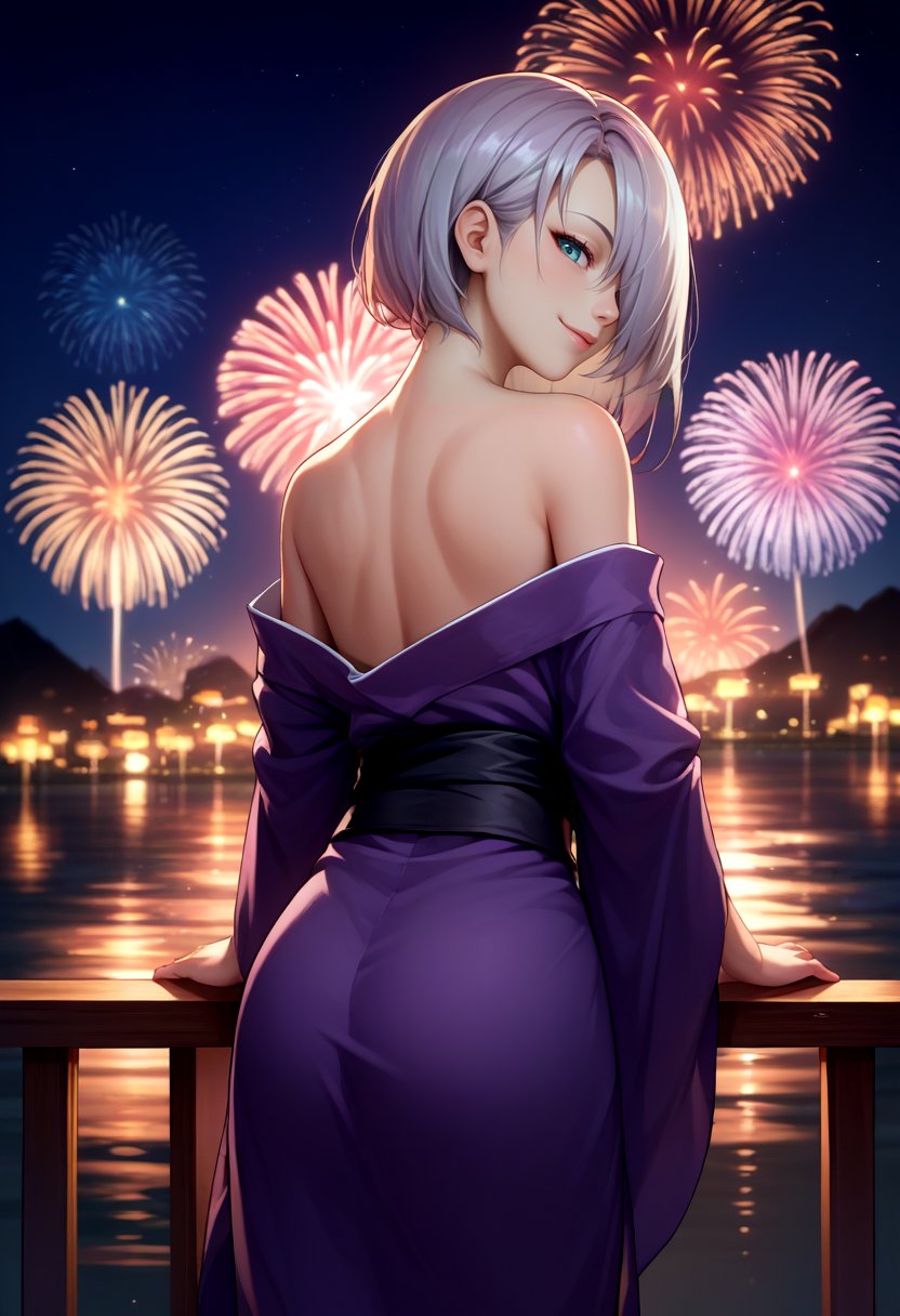 score_9, score_8_up, score_7_up, source_anime, from behind, solo, 1girl, gflmg5, slight smile, looking back, hair over one eye, purple kimono, off shoulder, black sash, bare shoulders, fireworks <lora:gfl_mg5_ponyXL:1>