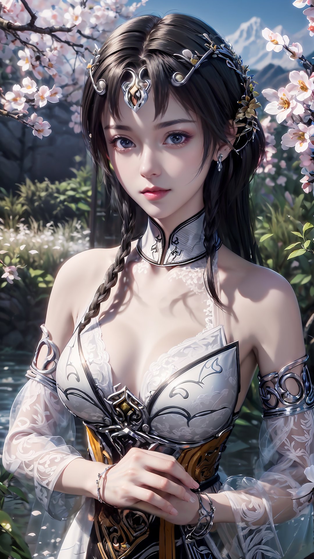 masterpiece,best quality,official art,extremely detailed CG unity 8k wallpaper,realistic,light rays,light particles,1girl,bracelet,jewelry,solo,braid,black_hair,bangle,breastsmedium chest,dress,in a meadow,stream,mountain,cherry_blossoms,flower,outdoors,long_hair,earrings,hair_ornament,dynamic pose,looking at viewer,