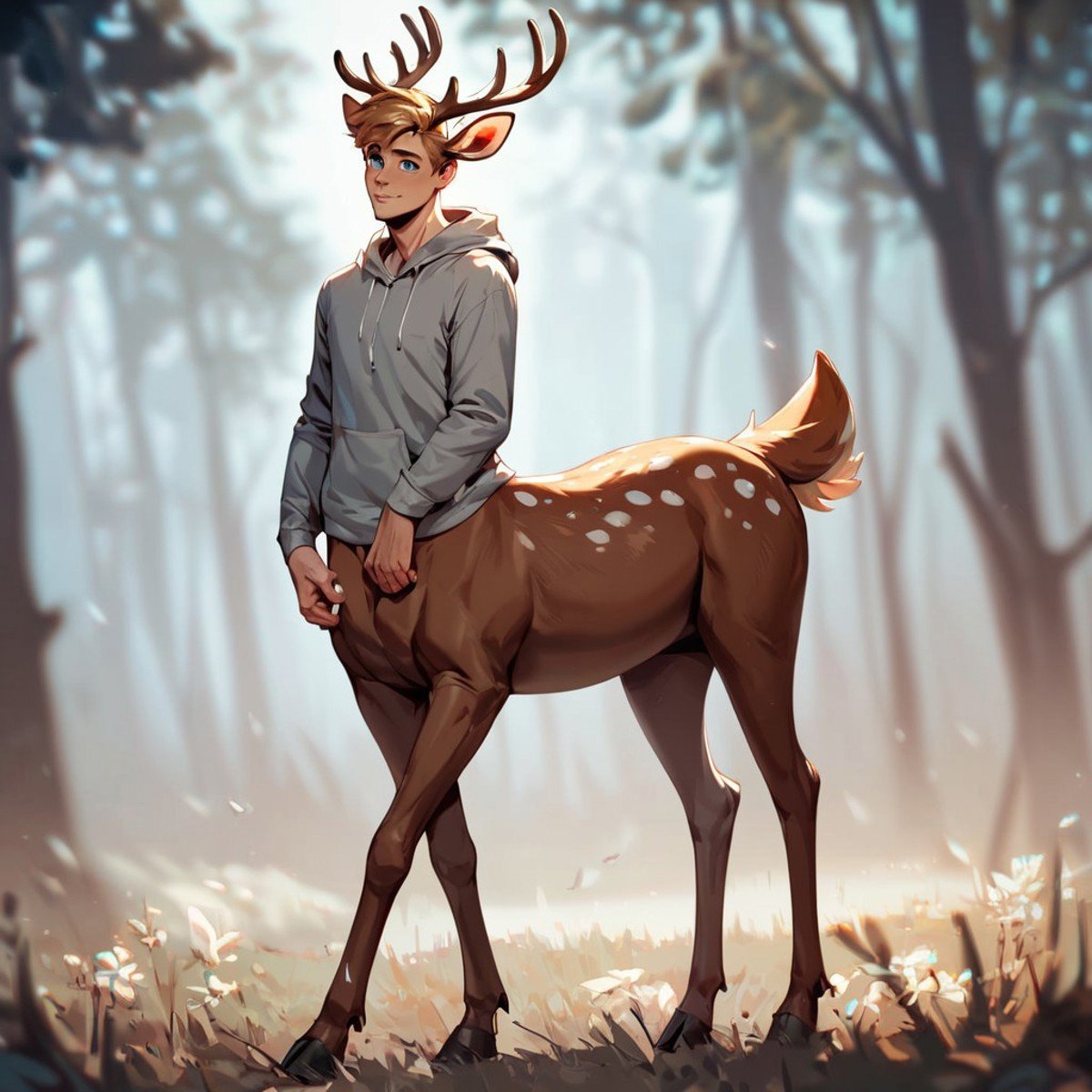 (((beautiful, high quality))), full Body, score_9, score_8_up, score_7_up, Сentaur, Centaur deer, 1male, blue eyes, blond hair, gray hoodie, antlers, brown very,looking at the viewer, posing, blurred background,