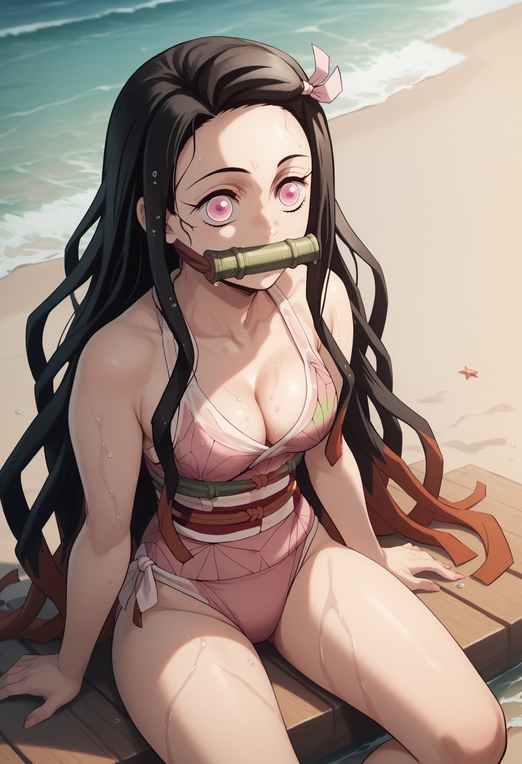 score_9, score_8_up, score_7_up, score_6_up, score_5_up, score_4_up,sitting,smile,swimsuit,detailed,beach,waves,wet hair, cleavage medium breast, <lora:Smooth Anime 2 Style SDXL_LoRA_Pony Diffusion V6 XL:1>   <lora:N3zuk0dm1XL_Pony_v1:1> n3zuk0dm, 1girl, black hair, long hair, pink eyes,bamboo bit gag