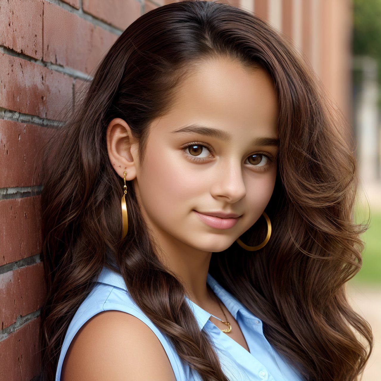 SFW, HD quality, HD, HQ, 4K, portrait of beautiful (AIDA_LoRA_SabiC:1.07) <lora:AIDA_LoRA_SabiC:0.94> wearing a school uniform and standing next to the brick wall, leaning on wall, outdoors, sunlight, beautiful child, pretty face, long curly hair, hair blown by the wind, golden earrings, naughty, funny, happy, playful, dramatic, hyper realistic, studio photo, kkw-ph1