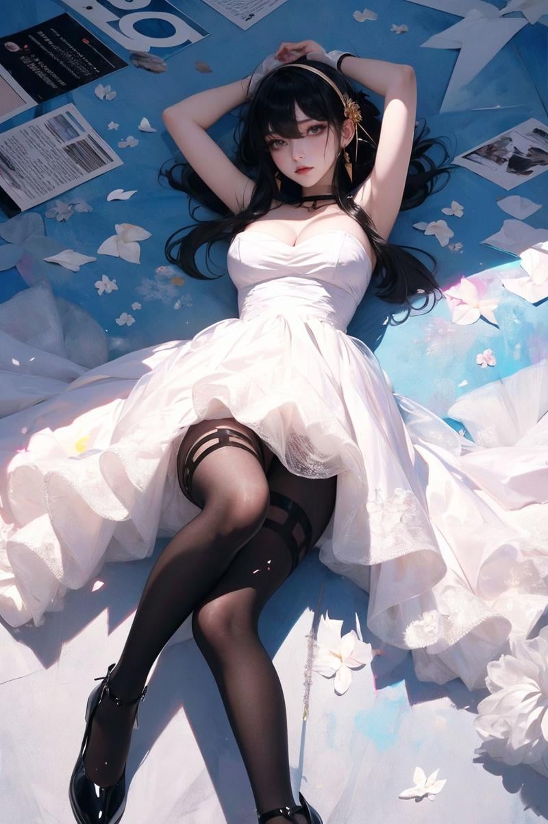 XUER Yor Forger,1girl,solo,yor briar,dress,red eyes,black hair,breasts,pantyhose,white dress,hairband,lying,long hair,on back,black footwear,jewelry,black pantyhose,looking at viewer,hair ornament,full body,choker,flower,earrings,hair flower,bare shoulders,arm up,bangs,black choker,cleavage,strapless,sidelocks,strapless dress,large breasts,high heels,thighband pantyhose,gloves,white hairband,rose,parted lips,A shot with tension,(Visual impact,giving the poster a dynamic and visually striking appearance:1.2),impactful picture,(masterpiece, best quality:1.2),offcial art,movie perspective,advertising style,magazine cover,very aesthetic,disheveled hair,very aesthetic,illustration,disheveled hair,perfect composition,moist skin,intricate details,<lora:绪儿 约尔福杰 XUER Yor Forger:0.8>,