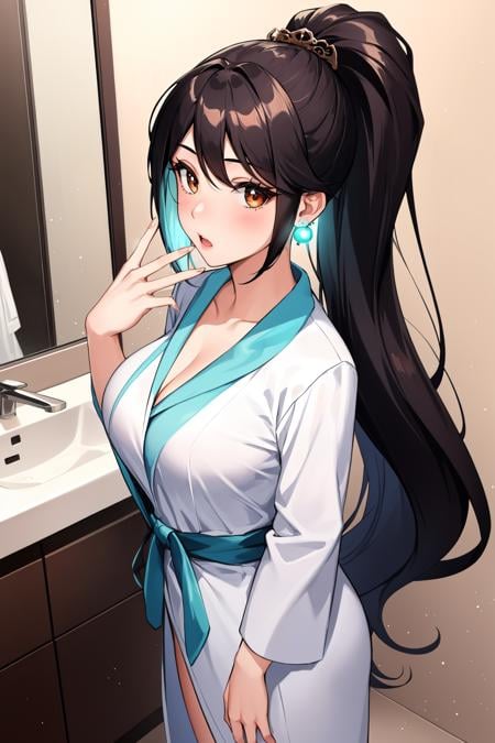 masterpiece, best quality, 1girl,  <lora:valorantsage-nvwls-v1-000009:0.9> valorantSage, ponytail, earrings, large breasts, looking at viewer, bathrobe, bathroom, steam, standing, looking at viewer, surprised