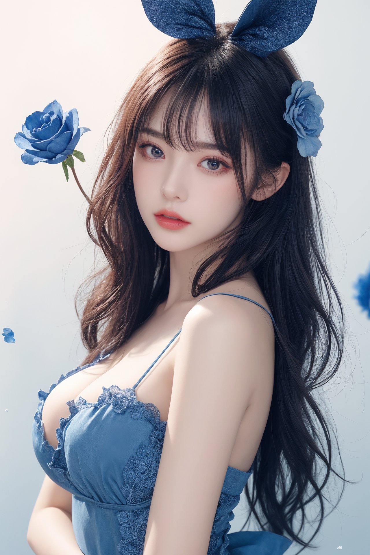 1girl, artist name, bangs, bare shoulders, blue bow, blue flower, blue nails, blue rose, bow, breasts, bunny, flower, heart, long hair, looking at viewer, medium breasts, nail polish, pink bow, rose, solo, sparkle, star \(symbol\), stuffed animal, stuffed toy<lora:eye:0.8>