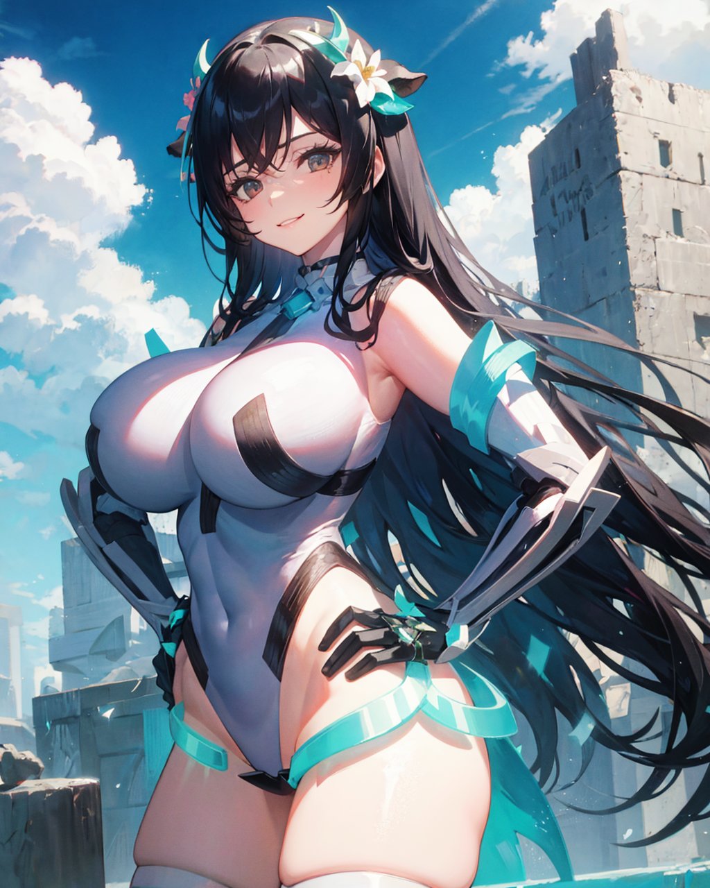 1girl,solo,black hair,straight hair, light smile,huge breasts, deva battle suit,standing, <lora:DevaBattleSuitV1:1>,very long hair,outdoors,cowboy shot, ,cow horns, cow ears, hair_flower,gloves,hand on hip, 