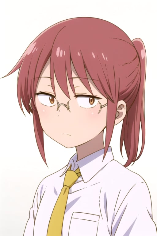 solo, 1girl, looking at viewer, 2D, anime, official style, anime coloring, anime screencap, upper body, (simple background, solid white background:1.3), <lora:kobayashi-maidragon:0.8>, kobayashi, ponytail, glasses, white shirt, yellow necktie, closed mouth