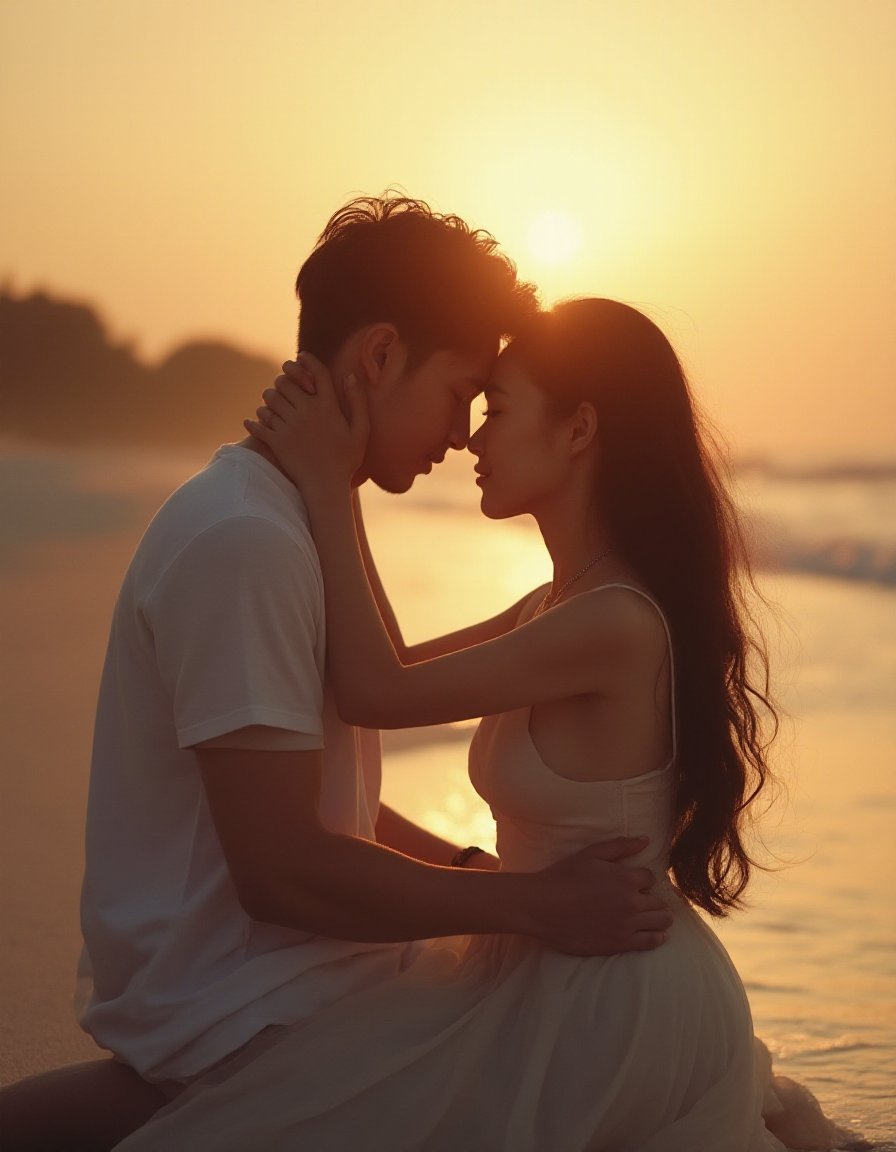 18 y.o chinese girl,super elegant,behind the perspective,on the beach in the setting sun,a woman sits on a man's lap,women kiss men on the forehead,man lying on the beach,