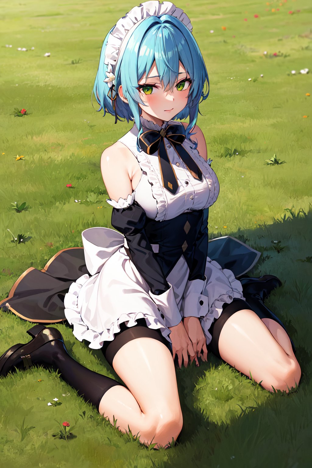 masterpiece, best quality, highres, aavillhaze, short hair, maid headdress, green eyes, breasts, maid, black bowtie, bare shoulders, frills, dress, underbust, detached sleeves, long sleeves, maid apron, <lora:villhaze_v1:0.7>, grass, wariza, sitting, field, 